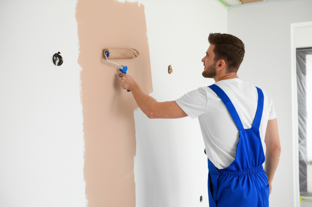 Worker painting finished drywall
