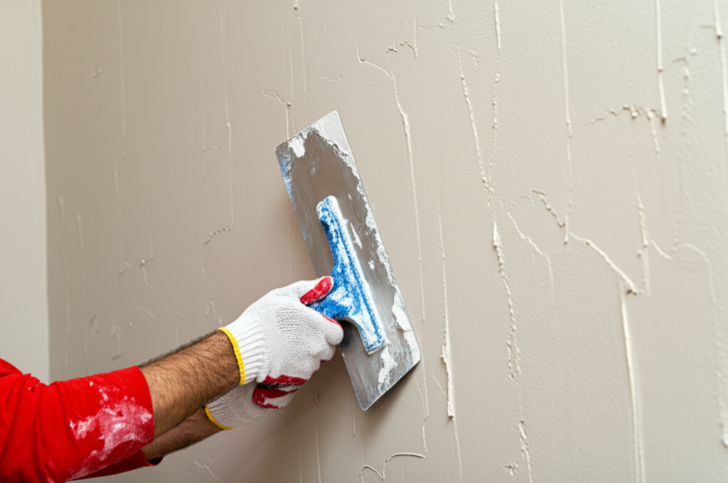 Worker applying texture to wall