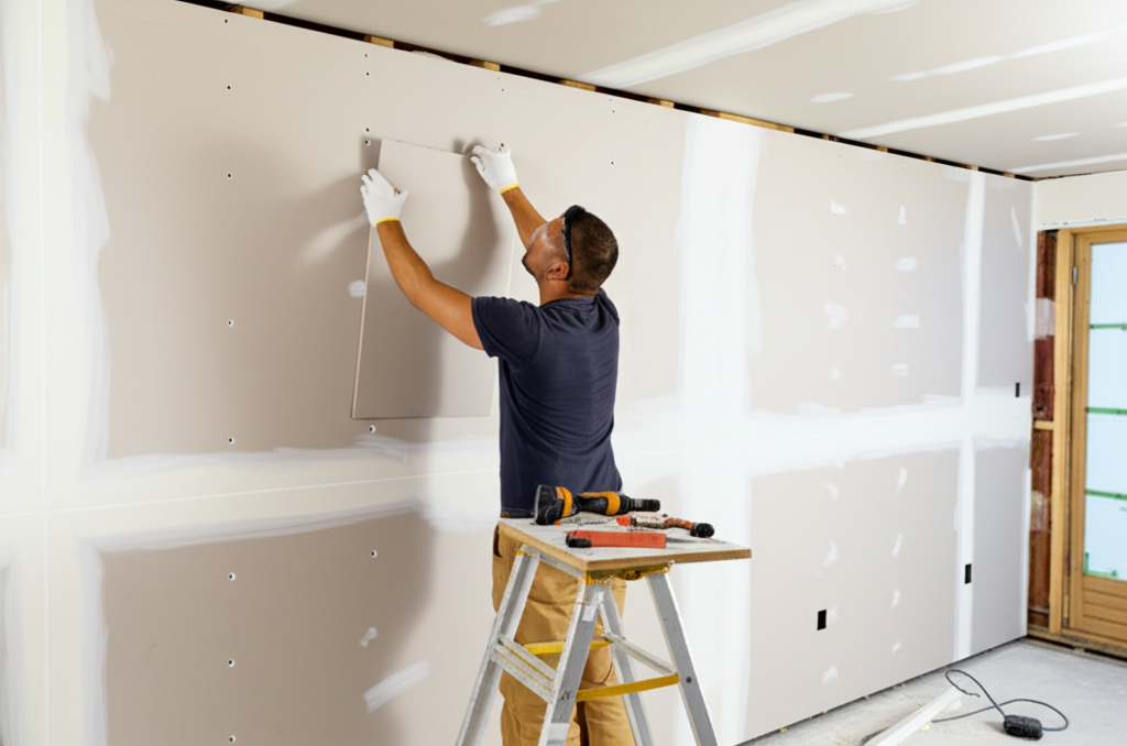 Worker installing new drywall