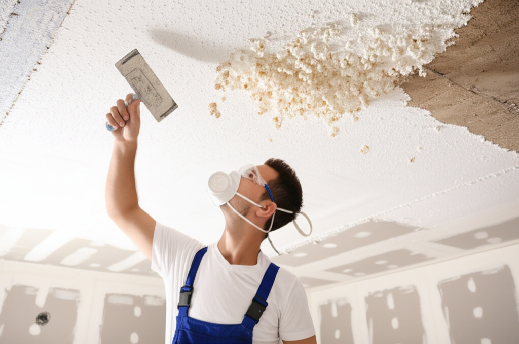Worker removing popcorn ceiling