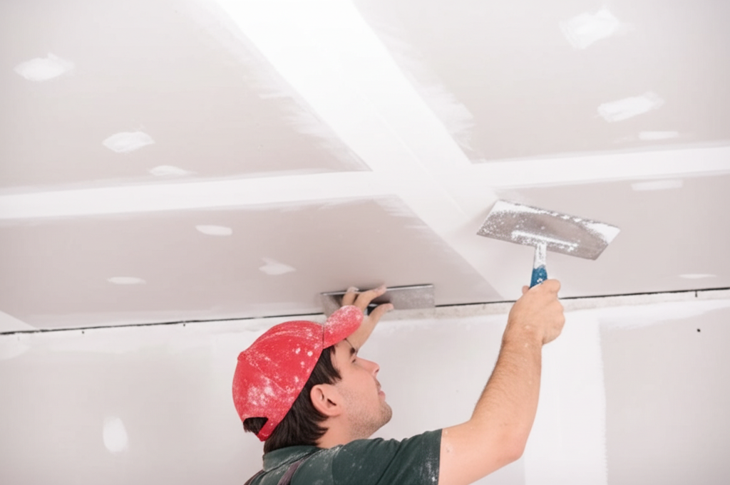 Worker repairing ceiling